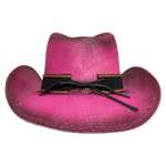 Backview of rosy country style hat showing the leather hat band tied  