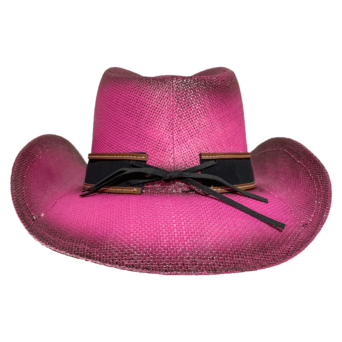 Backview of rosy country style hat showing the leather hat band tied  