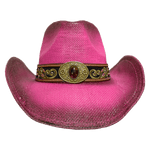 Front view of cute pink straw cowboy hat with a metal medallion hat decoration 