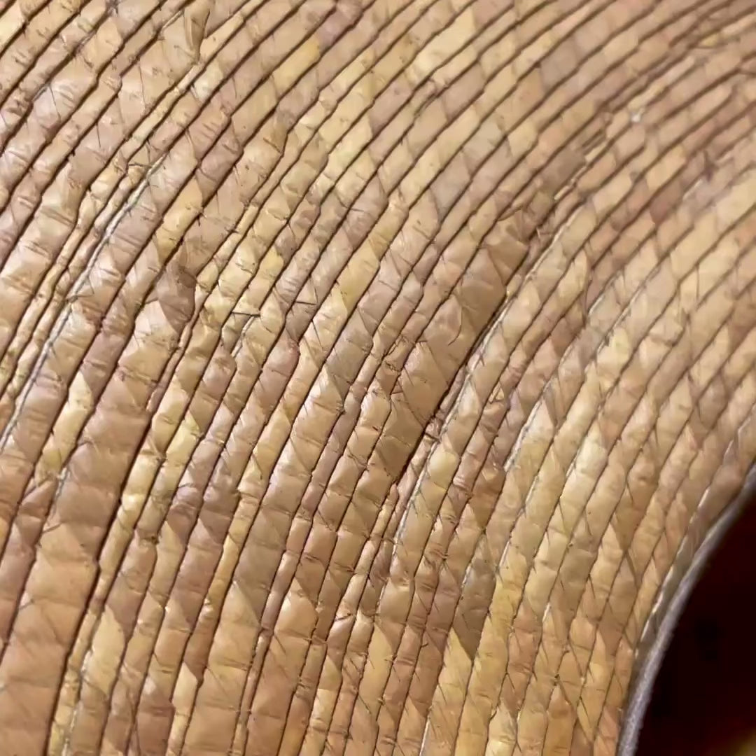 Video closeup of the Indiana Adventure hat showing the brim's carefully woven straw and the crown interior with a comfortable sweatband and a Latin's Hand branded tag