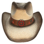 Straw cowboy hat with a decorative brown band featuring red stones on a metal medallion and hand sewn floral patterns 
