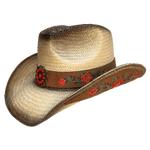 tan straw cowboy hat with red rose embroidery and jeweled concho 