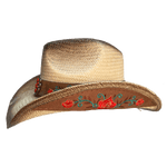 Straw western style hat with embroidered red roses and green vies and brown leaves 