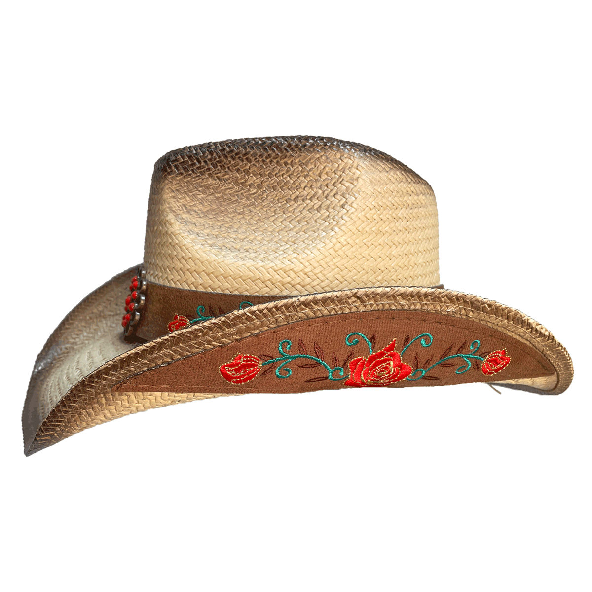 Straw western style hat with embroidered red roses and green vies and brown leaves 