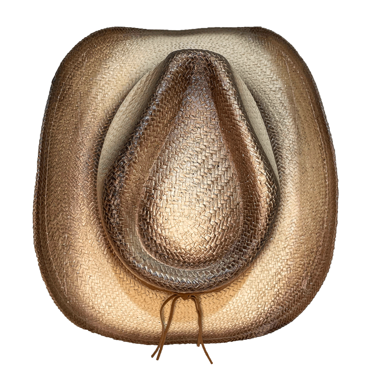 Topview of burnt edged straw cowgirl hat with UPF 50+ protection 