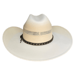 Wide, sloping brim with a vented crown made of sparsely woven straw for airflow 