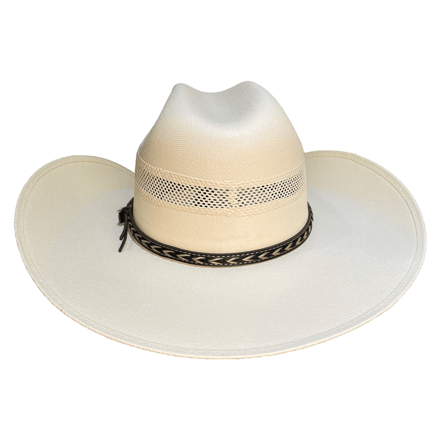 Wide, sloping brim with a vented crown made of sparsely woven straw for airflow 