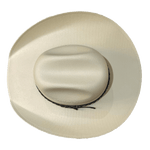 Top view of natural fiber cowboy hat with wide, curved brim 