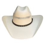 Straw cowboy hat made with natural fibers and a black leather hatband with woven detailing