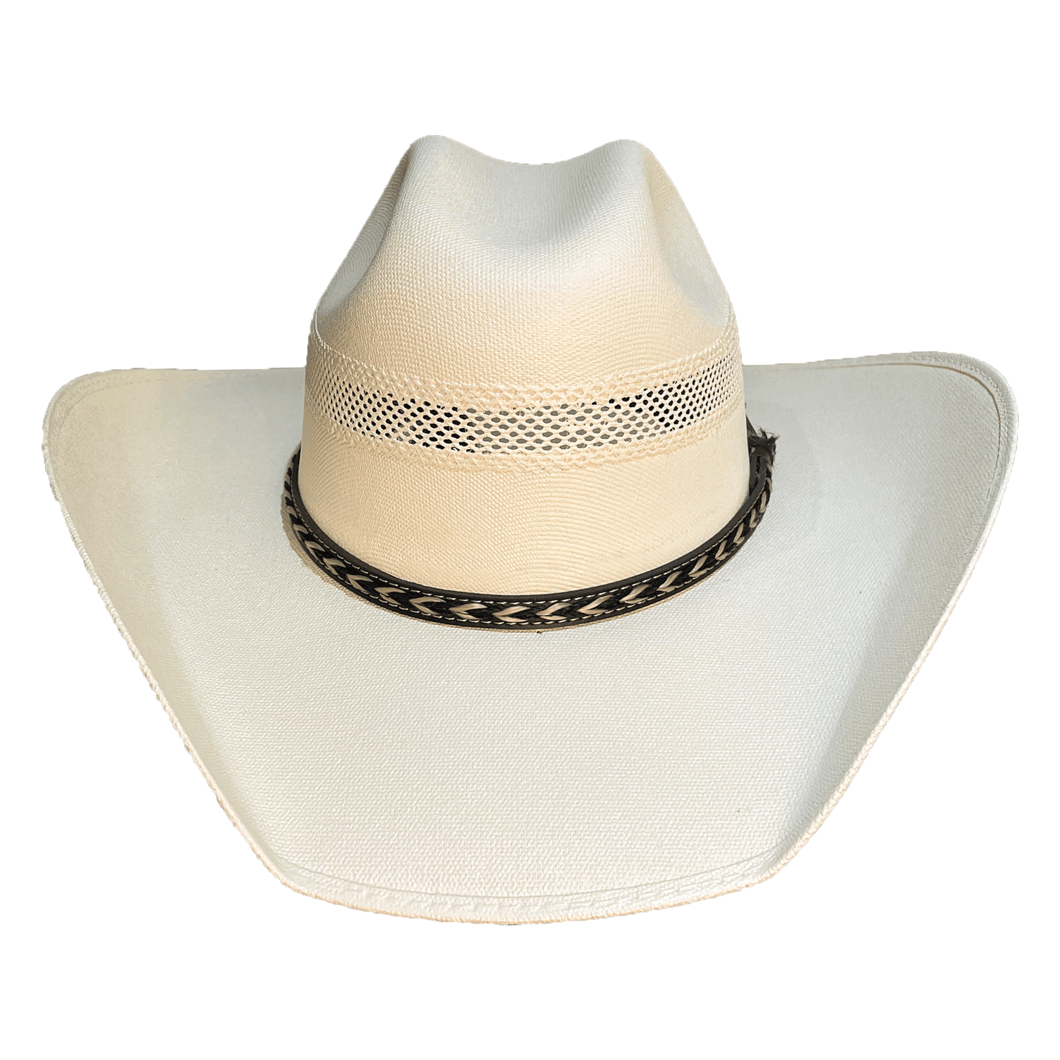 Straw cowboy hat made with natural fibers and a black leather hatband with woven detailing